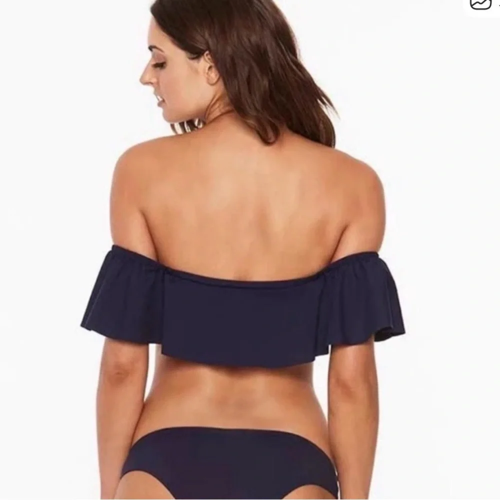 L*SPACE SWIM BLACK 'HEY GIRL' RUFFLE OFF THE SHOULDER BANDEAU BIKINI TOP (L)